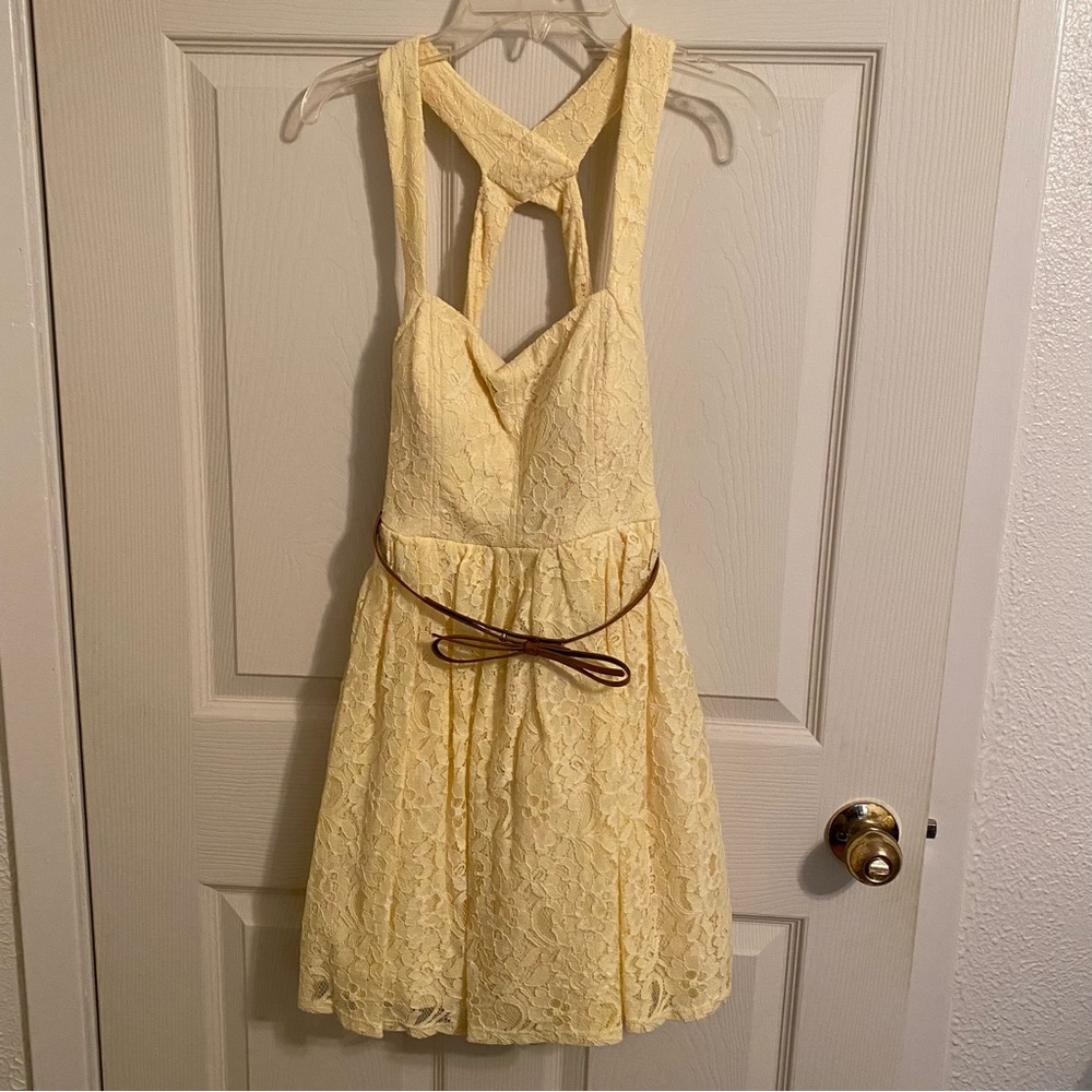 Jodi Kristopher  Yellow Lace Mini Dress with Crisscross Back